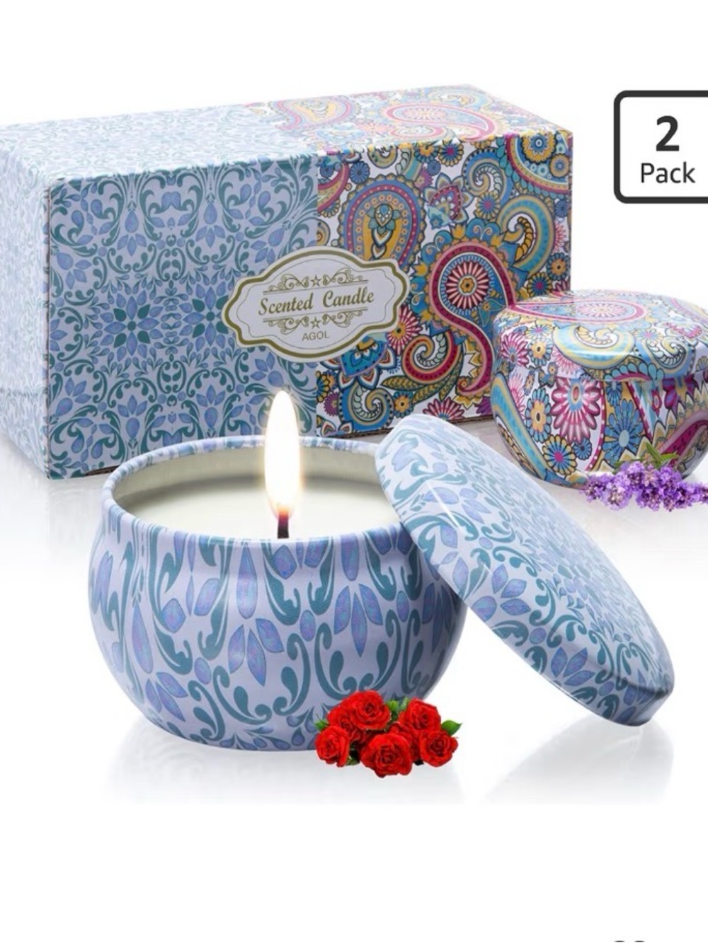 Scented Candle Tin - Blue Floral Patterned Home Accent 2 pack